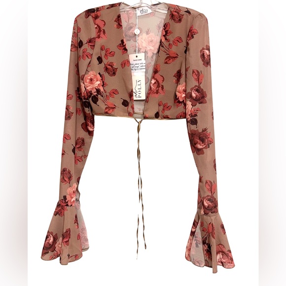 Oh Polly. 2 Piece Co-ord. Frill Hem & Ruched Mini Skirt. Beige Floral Print - Picture 2 of 7